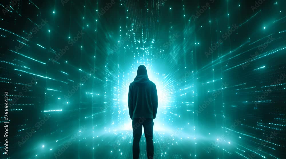 Poster person in digital world on binary code background