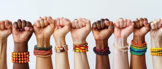 Over a white backdrop, a varied woman's fists are embellished with bracelets convincing for equality fairness and space, Generative AI. - obrazy, fototapety, plakaty