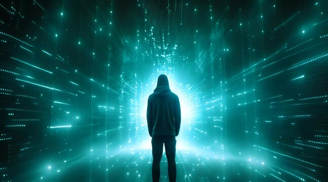 person in digital world on binary code background