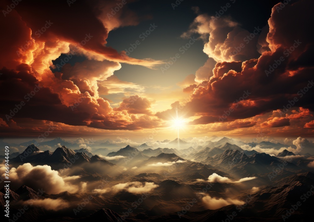 Poster sun setting behind mountain range with cloudy sky