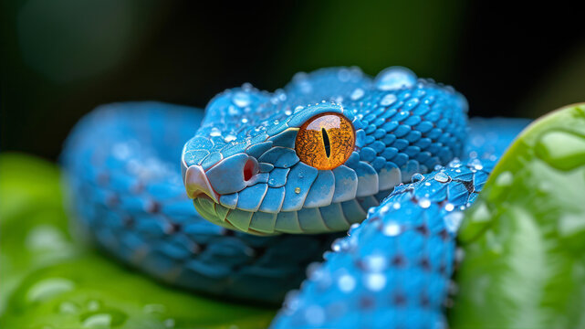 Close up of the head of a blue pit viper (Ptyas)