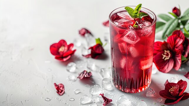 Over a white backdrop, reddish roselle juice and ice cubes are depicted in a glass serving with crimson roselle and space, Generative AI.