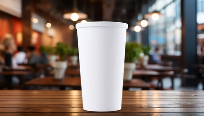 A white cup sits on a table in front of a restaurant