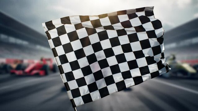 Checkered Race Flag Waving Continuously in the Wind with F1 Cars on Background, 1000fps. Victory, Achievement, Success and Sport Concept.