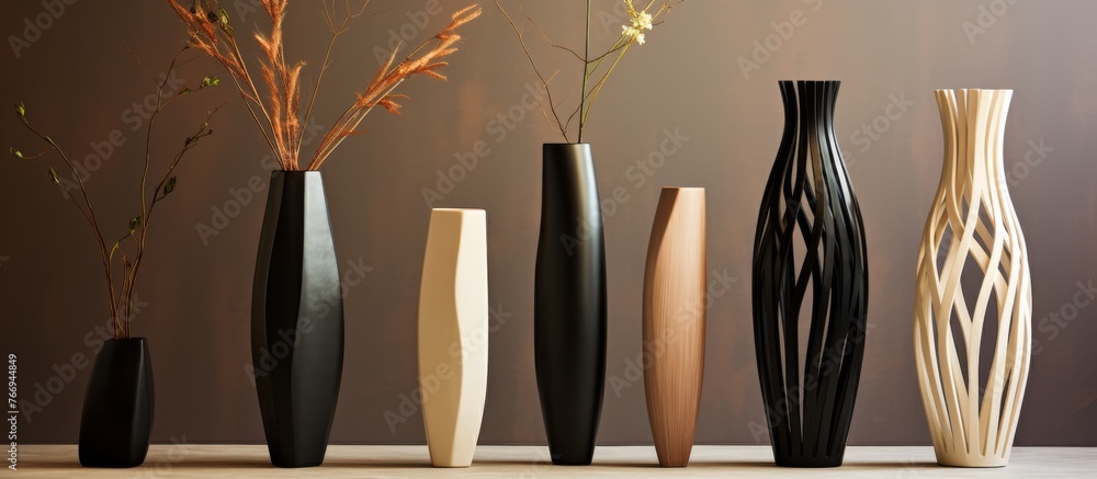 Poster a row of vases with flowers in them are neatly displayed on a wooden table as part of the interior d