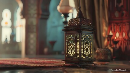 A calming image of a traditional lantern, with "Ramadan Mubarak" subtly etched onto the glass panels, creating a harmonious visual.