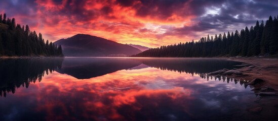 A peaceful natural landscape with a sunset over a lake, reflecting the sky, clouds, and mountains in the horizon during dusk, creating a beautiful afterglow