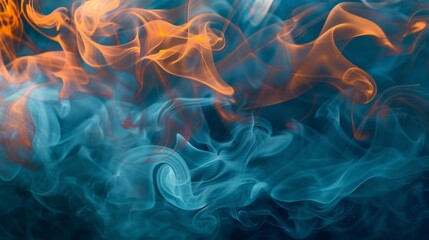 Layers of blue and orange smoke intertwine to create an abstract fluid formation, evoking the dynamic and ethereal nature of elements and the beauty of chemical reactions.