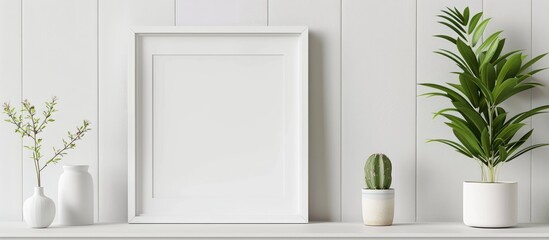 A white picture frame is placed horizontally on a shelf in the living room, showcasing minimalistic interior design in the house. - obrazy, fototapety, plakaty