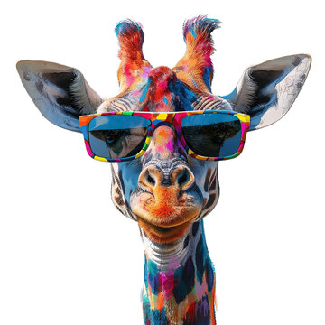 A cute colorful giraffe wearing sunglasses isolated on transparent background.