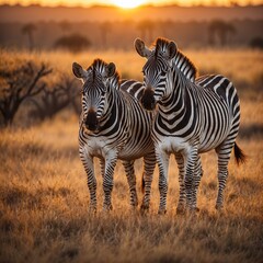 Obraz premium Zebras in the African savanna against the backdrop of beautiful sunset. Serengeti National Park, Africa.