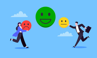 Employee happiness and work attitude feedback business concept flat style vector illustration. Business people with various feedback emoticons. Working wellbeing and satisfaction feedback
