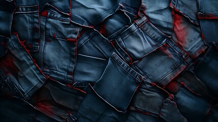 Top View of COld brick wall with traces of old plasterrumpled Blue Jeans - obrazy, fototapety, plakaty