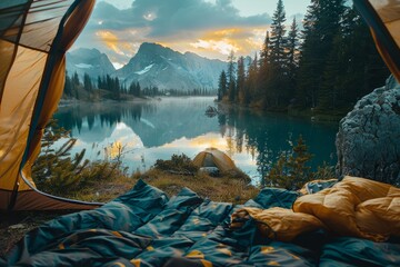 View in camp in the mountains, emphasizing the tranquility beauty. - obrazy, fototapety, plakaty