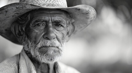 Elderly farmer with a weathered face wearing a hat. Black and white portrait photography with focus on character and life experience. Rural lifestyle and agriculture concept