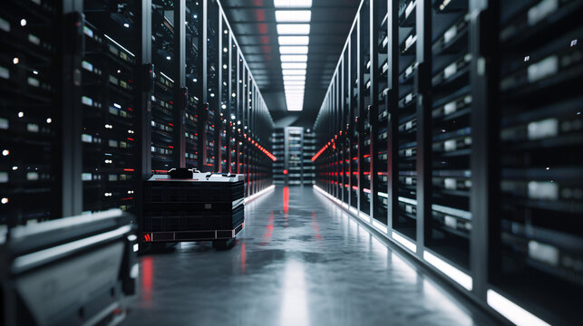 a server room, with rows of servers where humanoid and non humanoid robot performing maintenance.