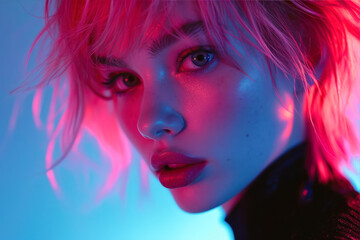Portrait of a beautiful woman with pink hair NEON
