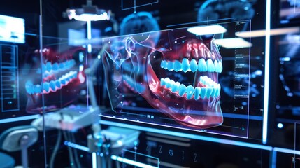 A 3D visualization of holographic dental displays showing different angles of teeth, illustrating advanced diagnostic technology in dentistry and medical imaging.