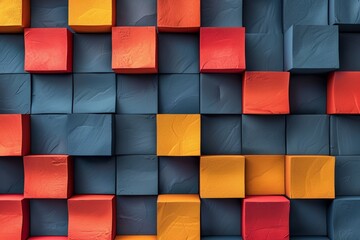 Dark blue, red and orange color blocks are arranged in a abstract grid pattern