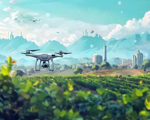 Wandcirkels tuinposter Smart Agriculture and Drone Monitoring of Futuristic Farmlands for Precision Farming and Sustainable Food Production © Thares2020
