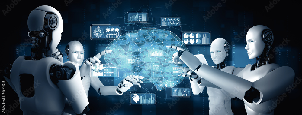Aufkleber xai 3d illustration ai humanoid robot touching virtual hologram screen showing concept of ai brain a