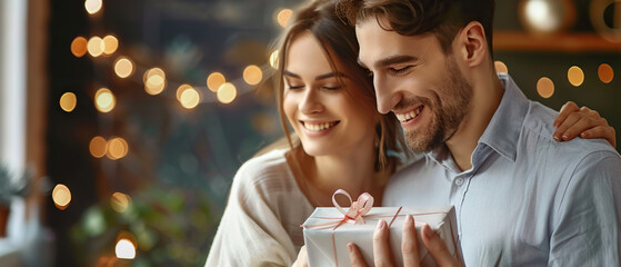 A man and a woman are smiling and holding a white gift box. The man is wearing a blue shirt and the woman is wearing a white shirt. Scene is happy and joyful, as the couple is excited to give