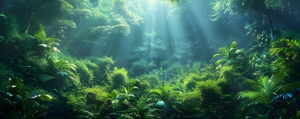 Fototapeta na wymiar Lush Verdant Rainforest Canopy Teeming with Vibrant Life and Ethereal Sunlight Beams