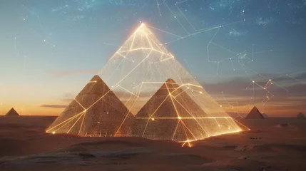 Fotobehang Pyramids of Ancient Egypt, casting holographic constellations across the desert © peeradol