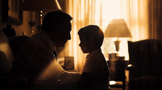 Father and son sharing a moment of success and connection, a quiet celebration in an elegant room, soft lighting casting gentle shadows(52)(0)