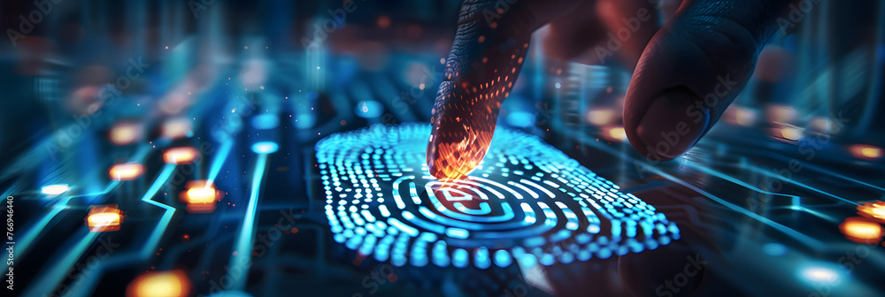Poster fingerprint unlock cyber security data protection concept on virtual screen.