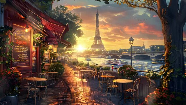 Picturesque street scene painting with a charming cafe and the famous Eiffel Tower in the background. Seamless Looping 4k Video Animation