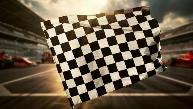 Checkered Race Flag Waving Continuously in the Wind with F1 Cars on Background, 1000fps. Victory, Achievement, Success and Sport Concept.