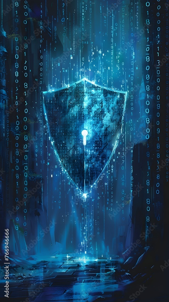 Poster a striking digital depicting a powerful cybersecurity shield protecting a complex network system str