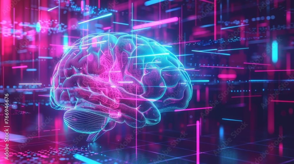 Poster a neon cyber brain 3d animation, floating in a vivid digital data space with pink and turquoise high