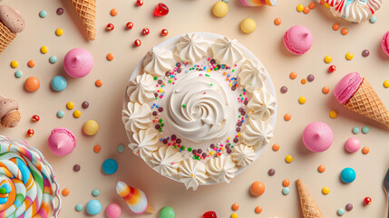 top view pattern of a birthday party table with a cake, meringue cookies and ice cream cones, surrounded candy in bright pastel colors on a beige background