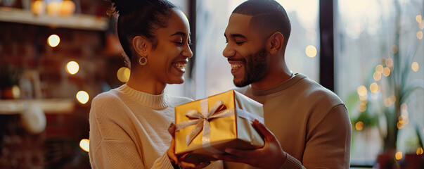 A man and woman are holding a gold wrapped gift. They are smiling and seem happy. Scene is joyful and festive