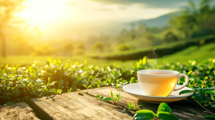 cup on wooden table in green tea plantation at sunrise. - obrazy, fototapety, plakaty