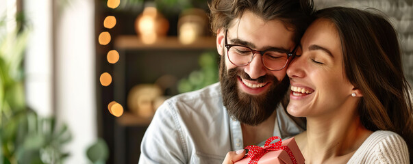 A man and woman are hugging and smiling while holding a red present. Scene is happy and loving - obrazy, fototapety, plakaty