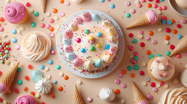 top view pattern of a birthday party table with a cake, meringue cookies and ice cream cones, surrounded candy in bright pastel colors on a beige background