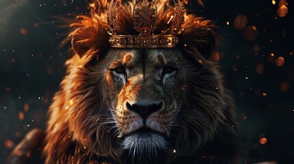 Lion with Crown on Dark Background. Animal, King, Royalty, Symbol, Nobility, Pride, Gold, Christian, Europa, Religion, Majestic, Ornate, Icon, Cross, Power, Christianity
