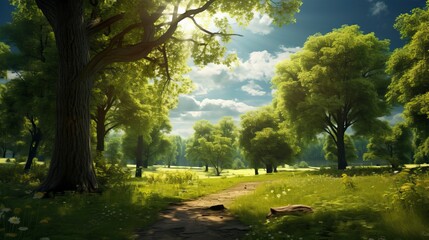 Fototapeta premium Tree in Fantasy World, A blue sky and Green Field. Natural Landscape 