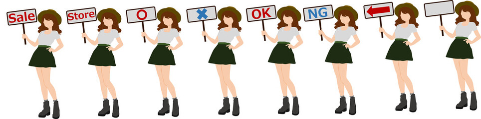 各種看板を持った女性のイラストセット