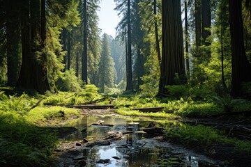 Fototapeta premium A stream flows through a vibrant, green forest