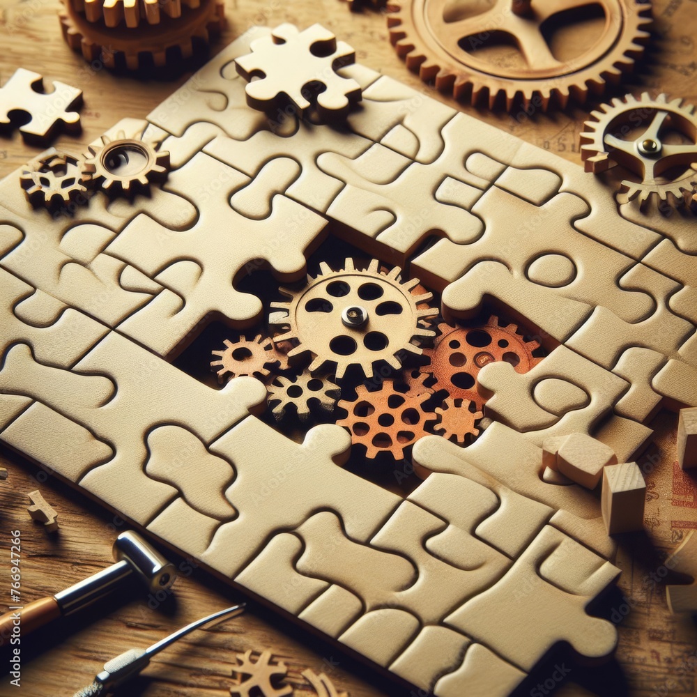 Poster wooden puzzle pieces and cogwheels laid out on a table, representing problem-solving and complexity.