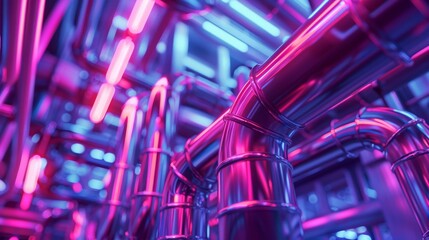 A futuristic 3D animation of a complex network of neon-lit pipes with vivid pink and blue hues, portraying a cyberpunk industrial environment with a high-tech vibe
