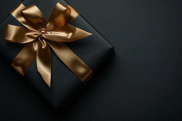 Gift box in black packaging on black background, black friday concept, gift box with ribbon, Black gift box with a golden ribbon and a large bow on a black background. Place for the inscription. 