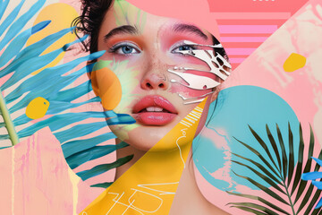 Portrait of a summer fashion woman. Abstract trendy art paper collage design - 766947430