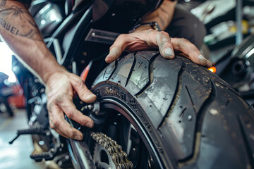 Motorcycle technician repairing the rear tire