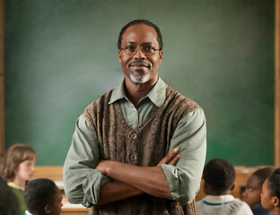 serious portrait of middle aged african american man with students kids in elementary school teacher teaching a class. male with arms crossed. folded hands, classroom with green blackboard background