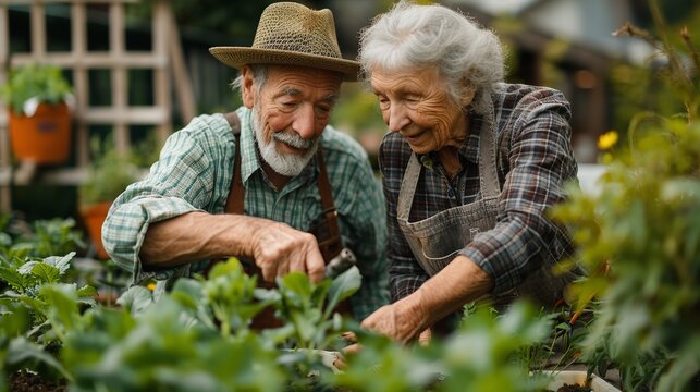 Over an exquisite, sunny day, an elderly couple tends to the garden together smiley faces with green garden and space, Generative AI.